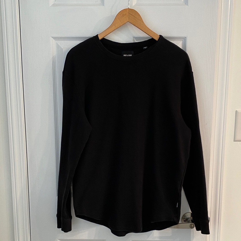 ONLY & SONS Black Waffle Knit Long Sleeve Crewneck Curved Hem Large